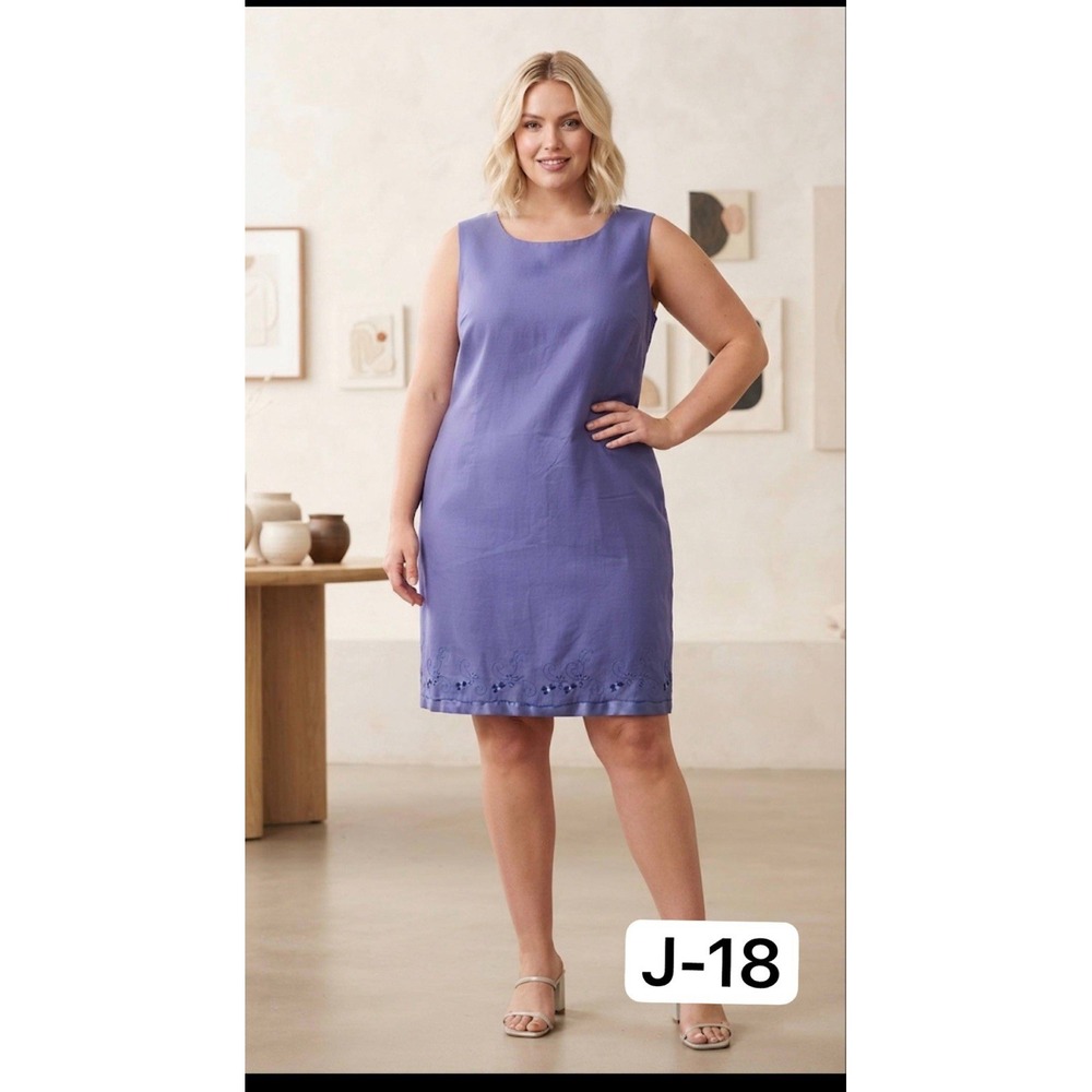 Laura Scott Woman 20W Blue Linen Blend Floral Embroidered Sheath Dress Lined